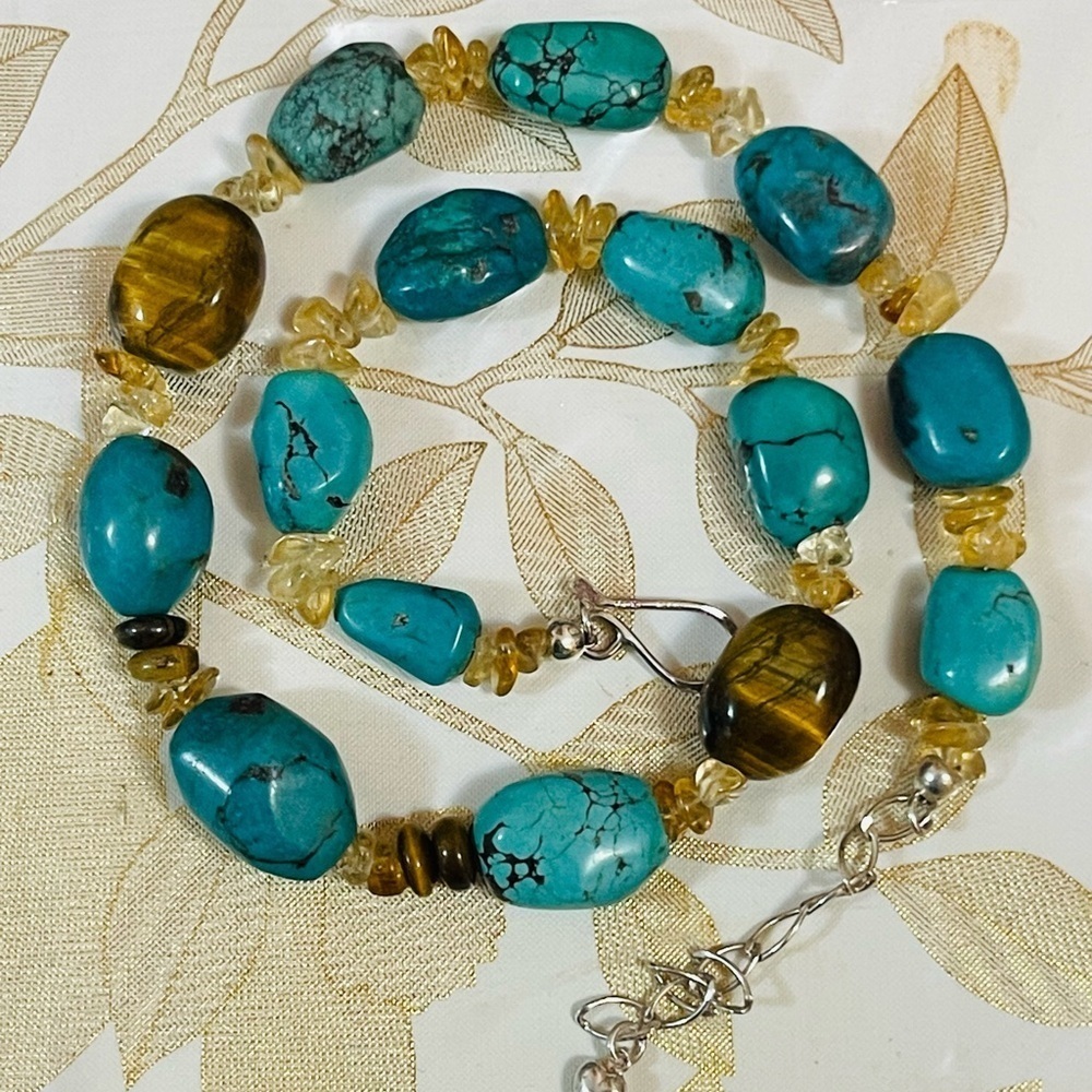 VTG Native American Turquoise Tiger Eyes Citrine Nuggets Choker Necklace 18+ext